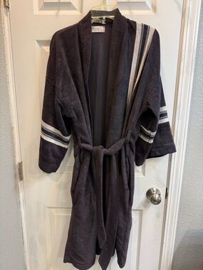 Men's Dark Gray Terry Cloth Robe with Striped Accents